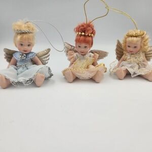 Vintage Porcelain Doll Figure Angel Set Ornaments, 3 Ornaments